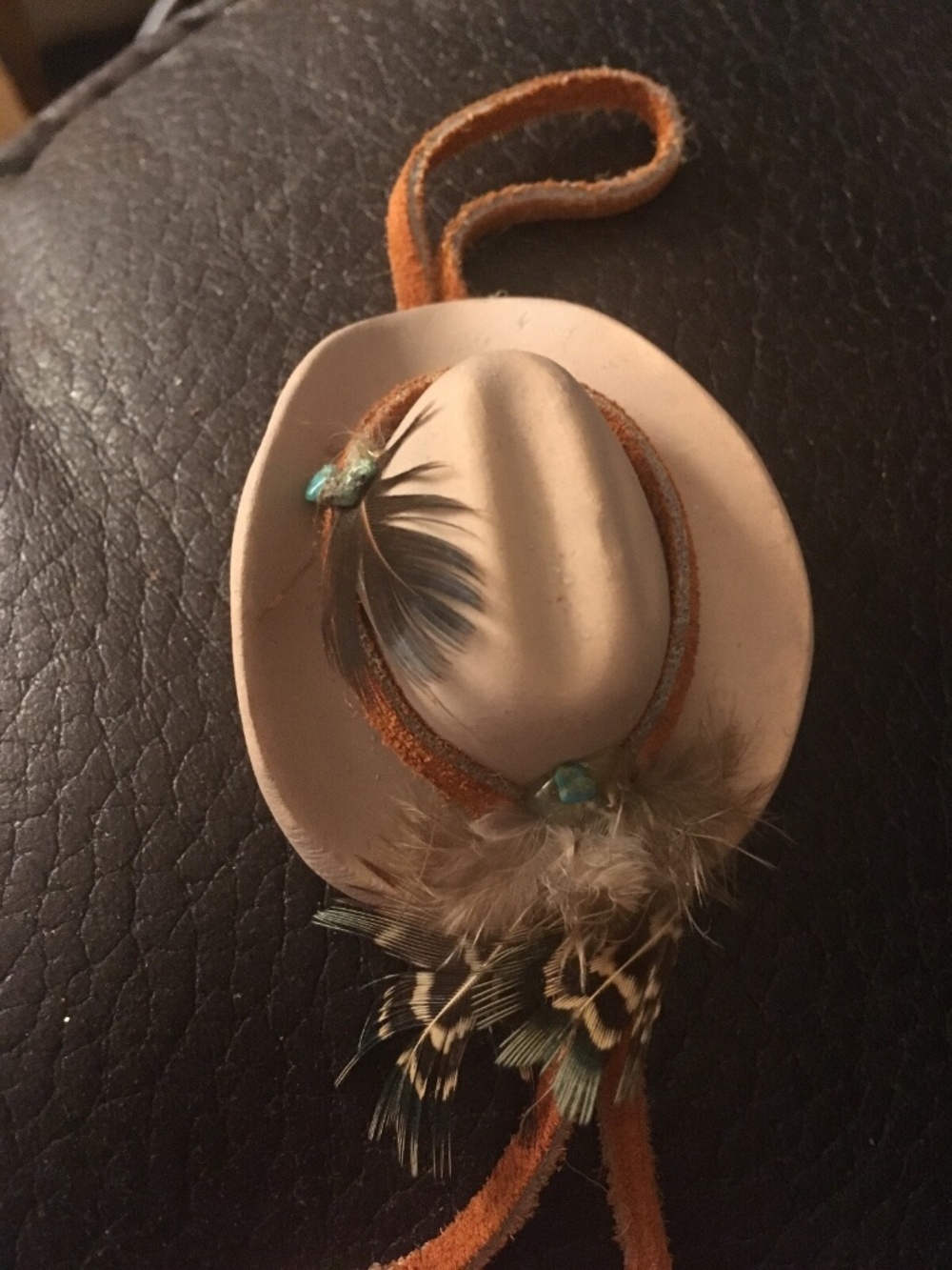 Cowboy Hat ceramic w/feather & turquoise cow hide hat band-Unique Gift idea!